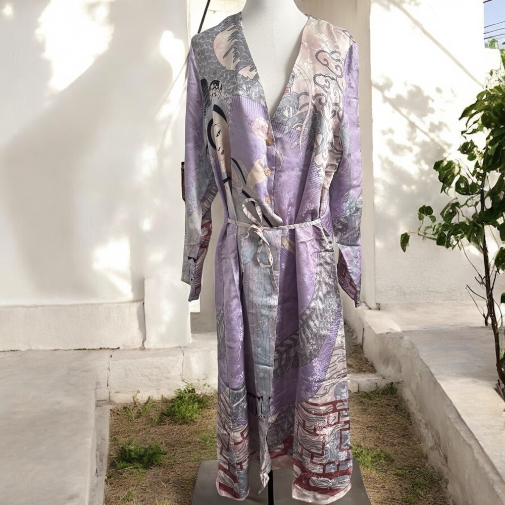 Vintage 100% Silk Kimono Robe Duster w Print japanese dragon geisha XL lavender